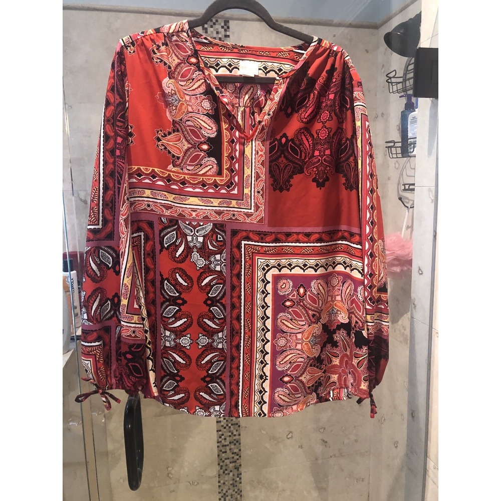 Chico's Red Pink Paisley Tunic Blouse Long Sleeve Scarf Print Size 2 L/XL